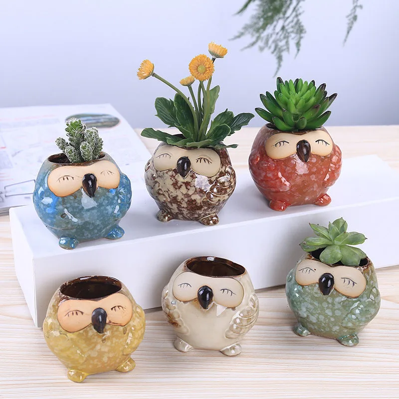 Bonsai Garden Wall - Mini Keramik-Eule Sukkulenten-Topf Niedlicher Cartoon-Kaktus Bonsai-Blumentopf